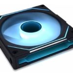 Blue-illuminated computer case fan with a square black frame and LED ring, viewed at an angle.