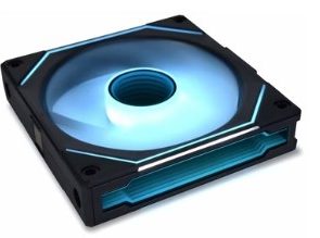 Blue-illuminated computer case fan with a square black frame and LED ring, viewed at an angle.