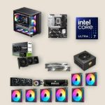 Collage of PC parts: RGB PC case, motherboard, Intel Core i7 CPU box, PSU, GPUs, RAM sticks, storage drive, and RGB case fans.