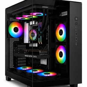 Gaming PC tower with a glass side panel, showing RGB-lit fans and high-end components inside