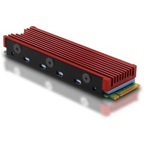 Red heatsinked RAM/PCIe memory module with edge connector visible on the right, isolated on white background