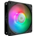 Black 120mm computer case fan with RGB LED lighting in multicolor illumination.