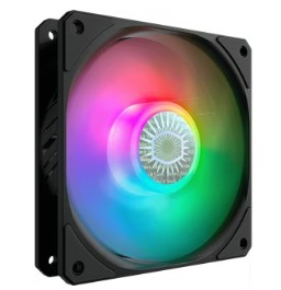 Black 120mm computer case fan with RGB LED lighting in multicolor illumination.