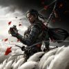 Samurai warrior in dark armor stands in a field of tall white grasses, gripping a katana as red leaves swirl around him on a stormy day.