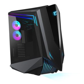 Gaming PC tower with a glass side panel, RGB-lit fans, and blue neon accents on a black chassis.