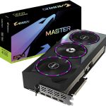GeForce RTX 4090 AORUS Master graphics card with three RGB-lit fans and black cooling shroud, shown beside its colorful box.