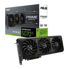 ASUS Prime GeForce RTX 5070 Ti graphics card in front of its box, showing three cooling fans and PCIe connector.