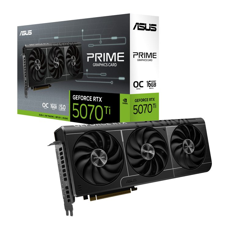 Asus GeForce RTX 5070 Ti, 16GB, Prime OC ASUS Prime GeForce RTX 5070 Ti graphics card in front of its box, showing three cooling fans and PCIe connector.