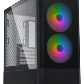 Mid-tower PC case with a glass side panel and two front rainbow RGB fans.