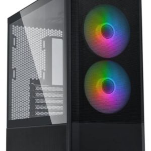 Mid-tower PC case with a glass side panel and two front rainbow RGB fans.