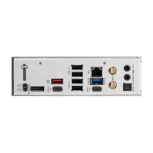 Rear I/O panel with multiple USB ports, Ethernet, USB-C, and audio jacks along with antenna connectors on the right side