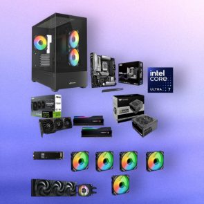Collage of PC parts: a black case with RGB fans, motherboard, Intel Core Ultra 7 box, RAM sticks, GPU, and power supplies on a purple background.