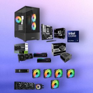 Collage of PC parts: a black case with RGB fans, motherboard, Intel Core Ultra 7 box, RAM sticks, GPU, and power supplies on a purple background.