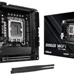 ASRock B660I WiFi mini-ITX motherboard with I/O ports, CPU socket, and PCIe slot shown alongside its box and two antennas.