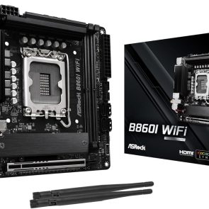 ASRock B660I WiFi mini-ITX motherboard with I/O ports, CPU socket, and PCIe slot shown alongside its box and two antennas.