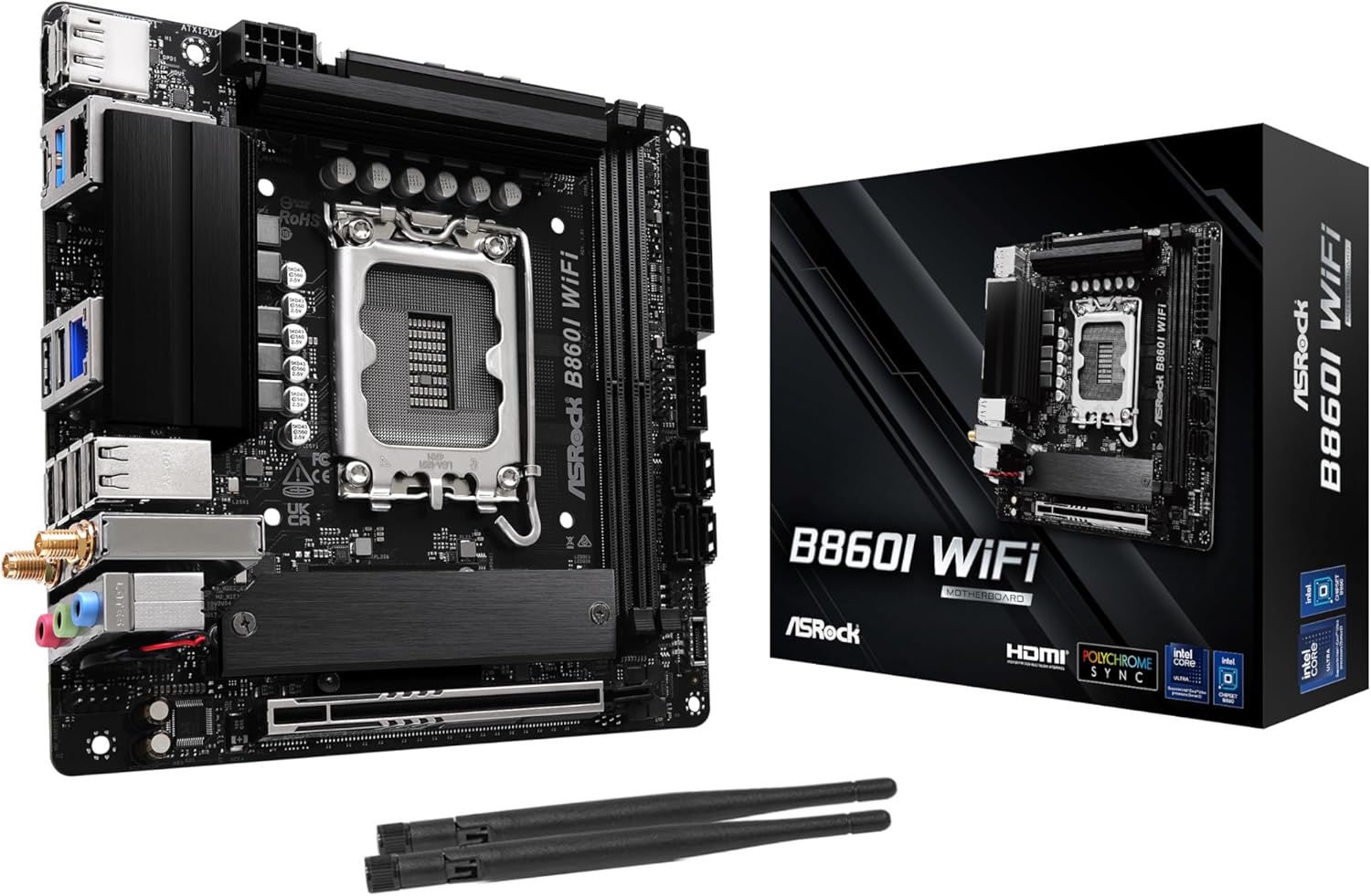 ASRock B660I WiFi mini-ITX motherboard with I/O ports, CPU socket, and PCIe slot shown alongside its box and two antennas.