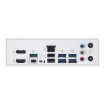 White motherboard rear I/O panel with multiple USB ports (including blue USB 3.0 and USB-C), HDMI, DisplayPort, Ethernet, and color-coded audio jacks on the right side.