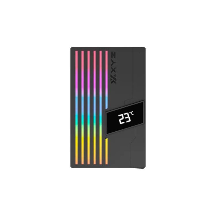 Dark computer case or device with vertical multicolor RGB light bars and a black digital panel showing 23°C