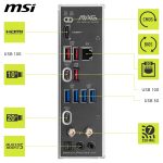 Back panel of MSI MAG motherboard with labeled ports: USB 10G/5G, HDMI, USB-C, BIOS/CMOS buttons, and antenna areas (informational diagram).
