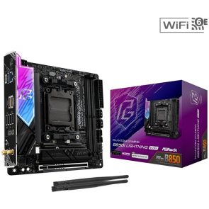 ASRock Phantom Gaming B550I Lightning WiFi mini-ITX motherboard with two WiFi antennas and its box beside it.