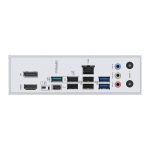 Back I/O panel of a motherboard featuring HDMI, DisplayPort, multiple USB-A/USB-C ports, audio jacks, Ethernet, and Wi‑Fi antenna connectors.