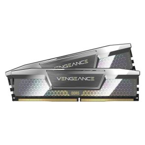 Two Corsair Vengeance DDR5 desktop memory modules with silver heat spreaders and iridescent geometric pattern.