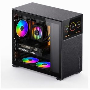 Mid-tower gaming PC with glass side panel, RGB-lit fans, Enermax CPU cooler, and an ASUS GeForce RTX GPU.