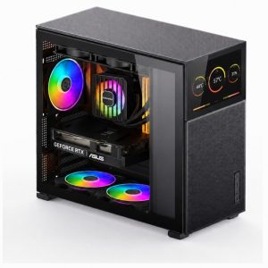 Mid-tower gaming PC with glass side panel, RGB-lit fans, Enermax CPU cooler, and an ASUS GeForce RTX GPU.