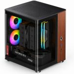 Compact mini gaming PC with a glass side panel, RGB cooling fans, and a visible MSI GeForce RTX GPU inside.
