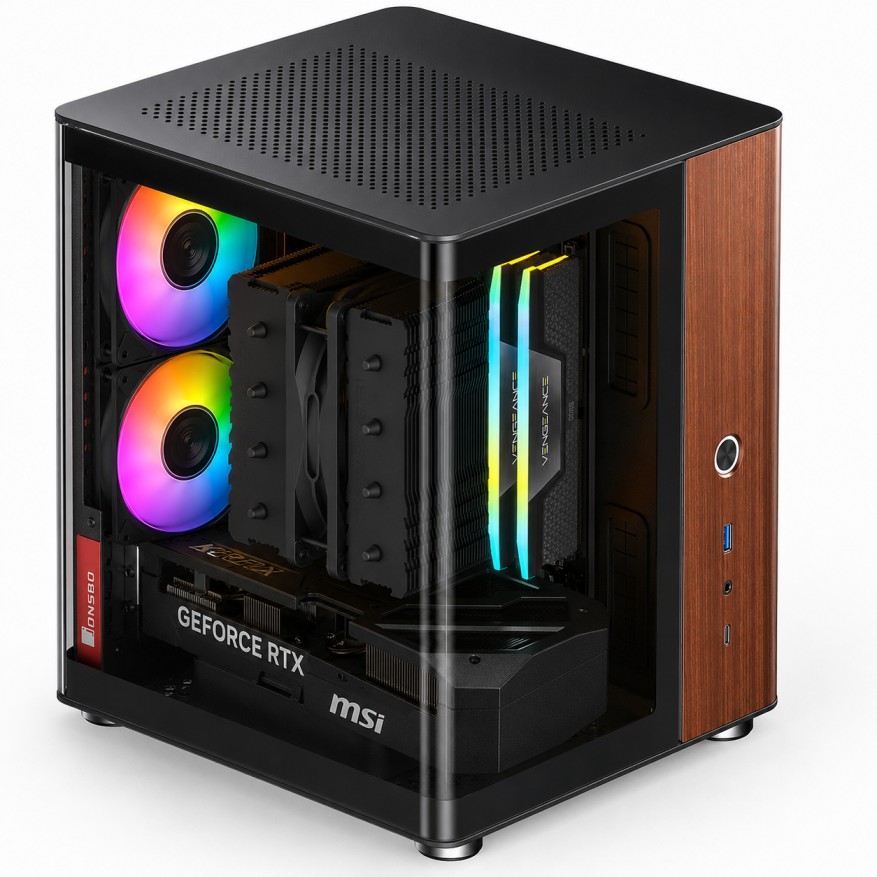 ITX AMD PC Mini RTX 5070 Compact mini gaming PC with a glass side panel, RGB cooling fans, and a visible MSI GeForce RTX GPU inside.