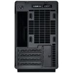 Rear view of a Lian Li computer case showing PCIe expansion slots, ventilation grills, and a power supply at the bottom.