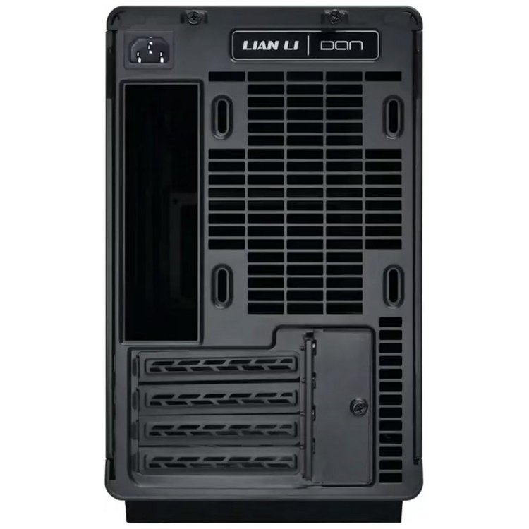 Rear view of a Lian Li computer case showing PCIe expansion slots, ventilation grills, and a power supply at the bottom.