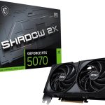 MSI GeForce RTX 5070 graphics card with dual fans placed in front of its black-and-green packaging box.