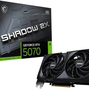 MSI GeForce RTX 5070 graphics card with dual fans placed in front of its black-and-green packaging box.