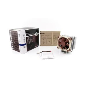 Noctua NH-U9S CPU cooler with brown 92mm fan, boxed components and installation guide on a white background.
