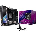 ASRock Phantom Gaming Z690 Nova WiFi motherboard with included WiFi antenna and purple product box on white background