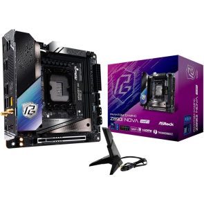 ASRock Phantom Gaming Z690 Nova WiFi motherboard with included WiFi antenna and purple product box on white background