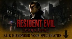 Promotional poster for Resident Evil: Requiem with a man in a dark street, RPD building, and bold red title.