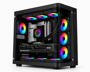 RGB-lit gaming PC with a transparent side panel showing the motherboard, GPU, and multiple rainbow RGB fans.