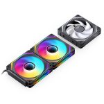 Three RGB PC case fans connected in a row, each with rainbow LED rings. “JPEG”