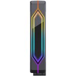 Tall black rectangular electronic device with a rainbow neon diamond outline running down the front.