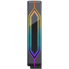 Tall black rectangular electronic device with a rainbow neon diamond outline running down the front.