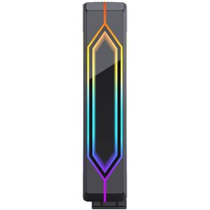 Tall black rectangular electronic device with a rainbow neon diamond outline running down the front.