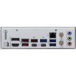 Back panel of a motherboard showing USB ports, video outputs (HDMI and DisplayPort), Ethernet port, and round audio jacks on the I/O shield.
