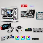 White mid-tower PC with transparent side panel showing liquid cooling, RGB fans, and a GPU setup, surrounded by other hardware parts and logos on the wall to suggest a high-end build kit.