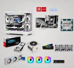 White mid-tower PC with transparent side panel showing liquid cooling, RGB fans, and a GPU setup, surrounded by other hardware parts and logos on the wall to suggest a high-end build kit.