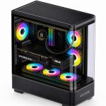 RGB-lit gaming PC with a transparent side panel, showing a GeForce RTX GPU and liquid cooling.