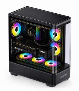 RGB-lit gaming PC with a transparent side panel, showing a GeForce RTX GPU and liquid cooling.