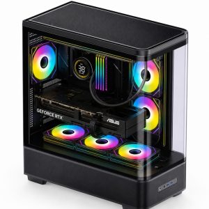 RGB-lit gaming PC with a transparent side panel, showing a GeForce RTX GPU and liquid cooling.
