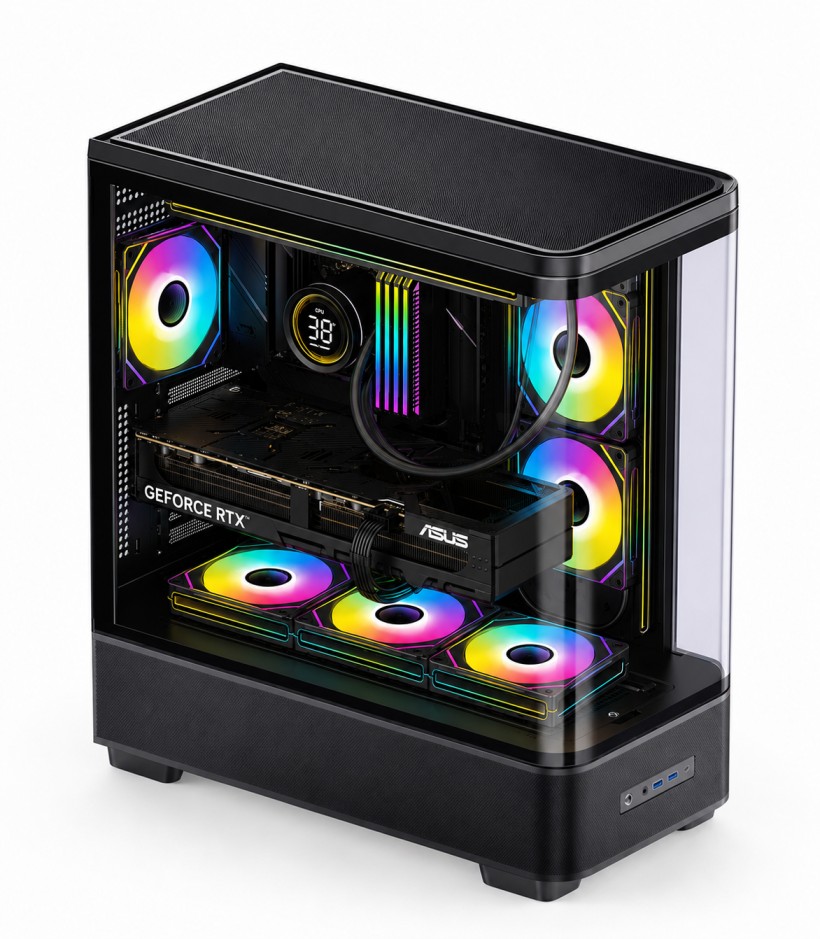 PC Ai Ultra RTX 5070 RGB-lit gaming PC with a transparent side panel, showing a GeForce RTX GPU and liquid cooling.
